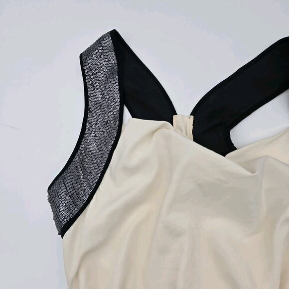 Lia Keys Top Womens Medium Black Cream Tank Silk Sequin New York Cowl Blouse - Picture 2 of 11